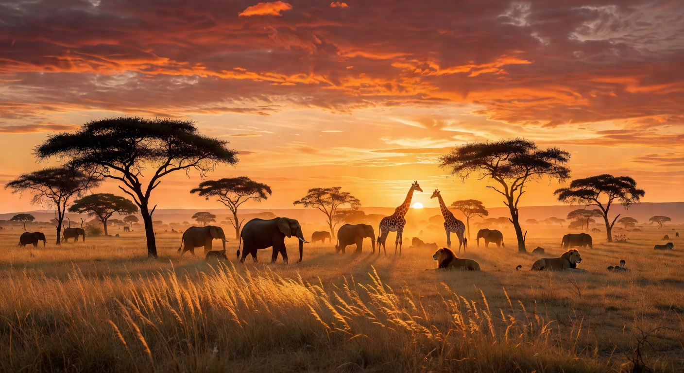 Warm African savanna sunset with wildlife silhouettes